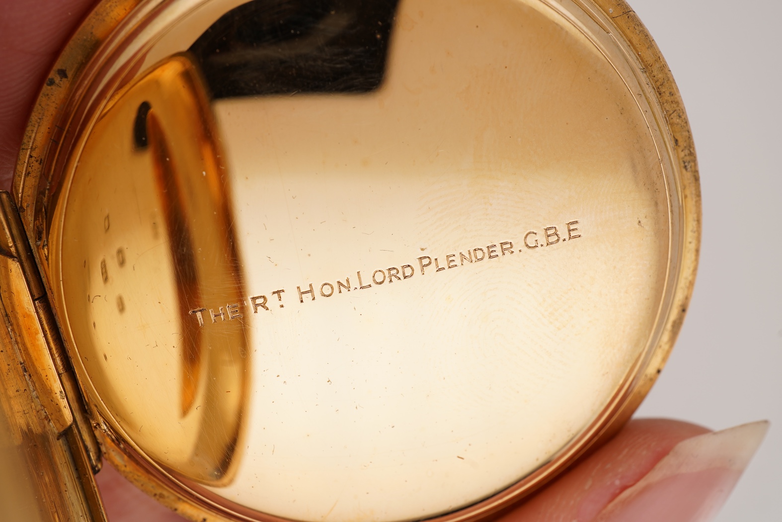 An Edwardian 18ct gold keyless lever half hunter pocket watch, by Clerke, Royal Exchange, London